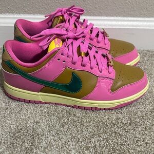 Pink and Brown Sneakers with Green Swoosh